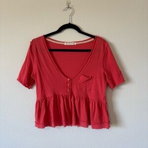 We The Free Wide Coral V-Neck Peplum Blouse